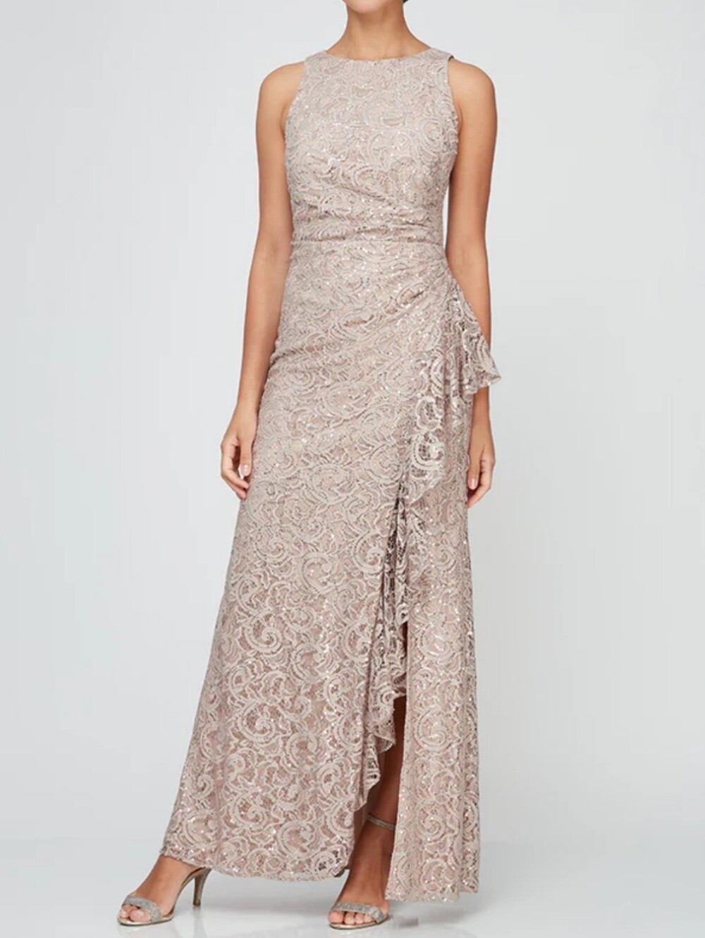 Alex Evenings Sleeveless Lace Sequin Maxi Gown in Blush Champagne Sz 14 NWT